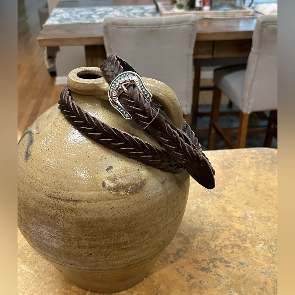 Western Italian Brown Braided Leather Belt with Silver Buckle(Unisex)